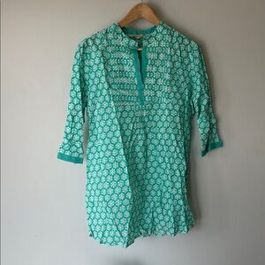 Akkriti Teal White Cotton Tunic Top XL Beach Cover Up